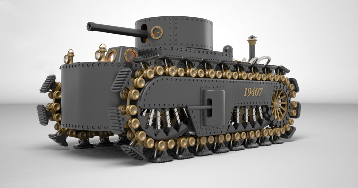 Steampunk tank, front side view.